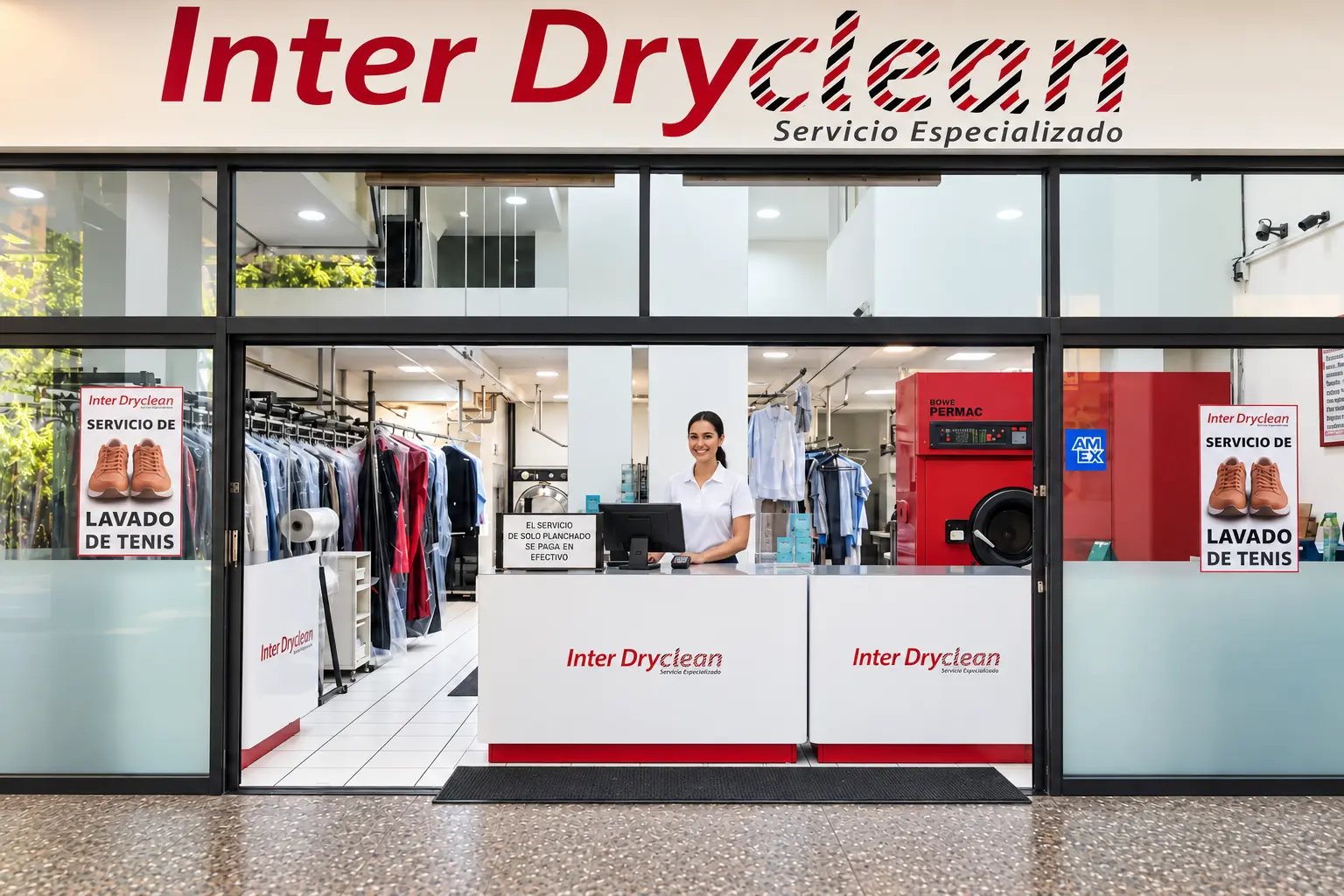 Fachada e interior de la tintorería Inter Dryclean en el Centro Comercial Interlomas